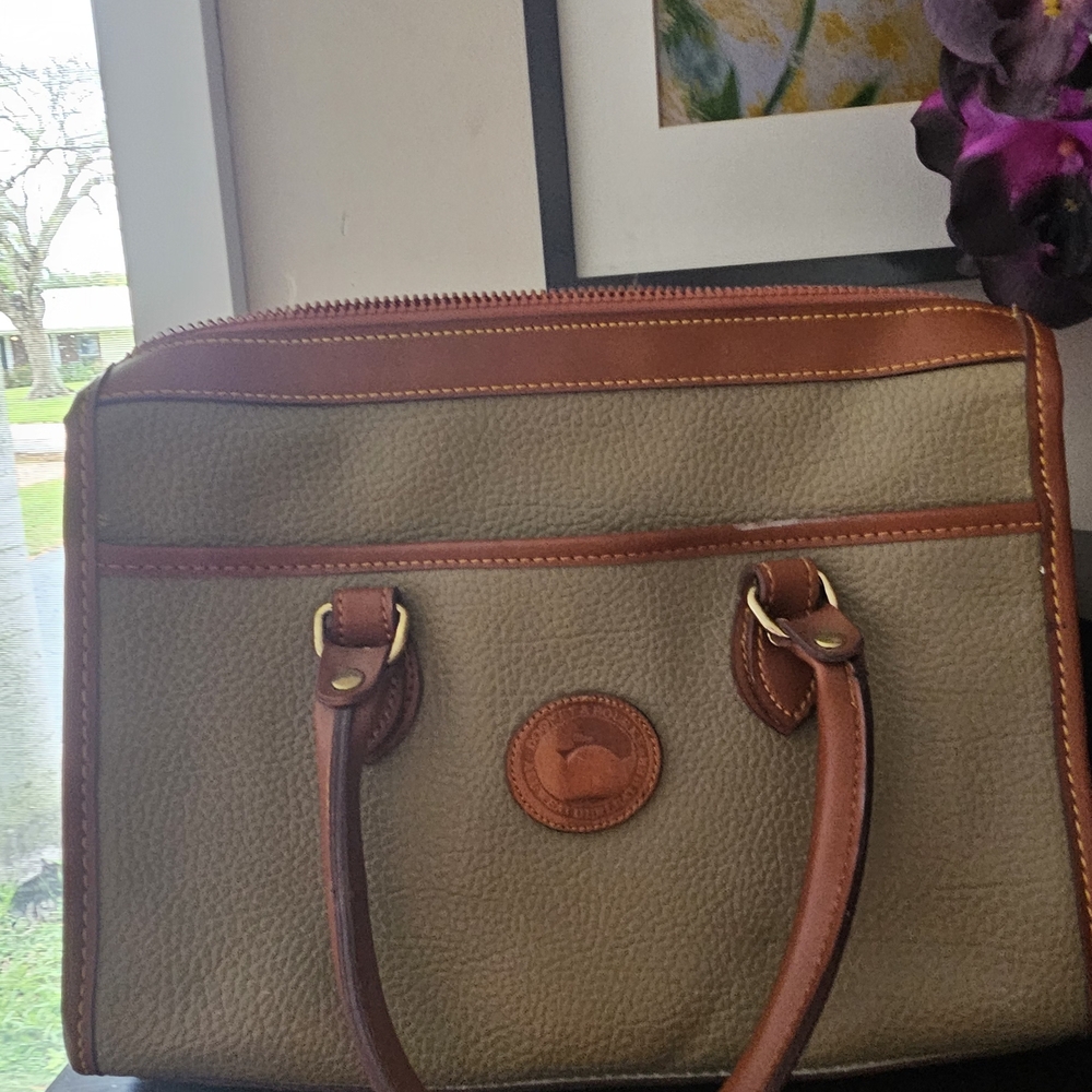 Dooney & Bourke Olive Green Pebbled Leather Satchel with Brown Trim